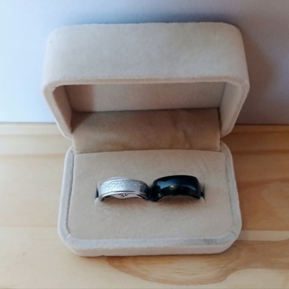 Other - 2 Ring Set + Velvet Gift Box Textured Silver & Smooth Black Band. Mix & Match